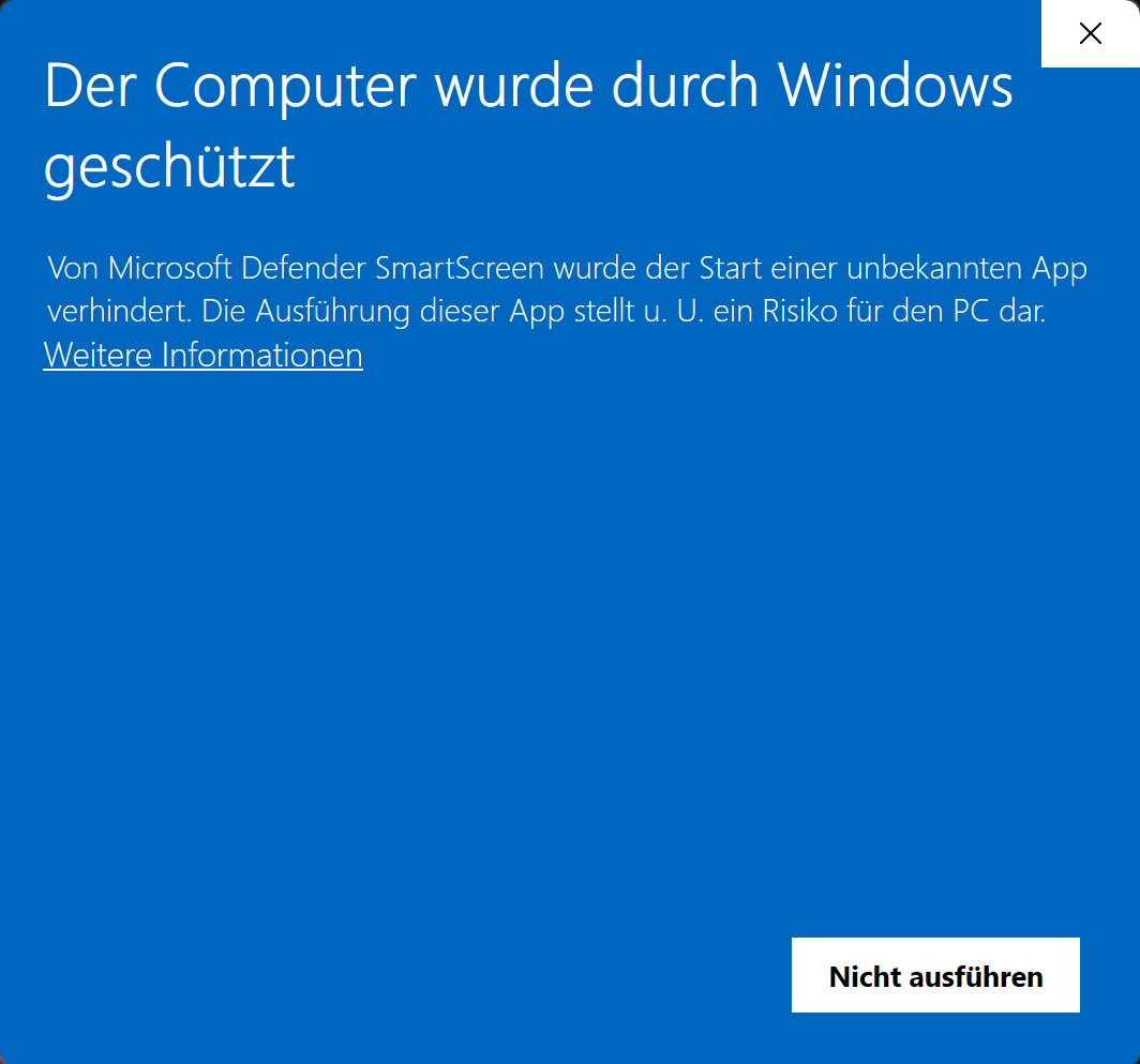 SmartScreen-Dialog: Markierung 1 auf 'Weitere Informationen'