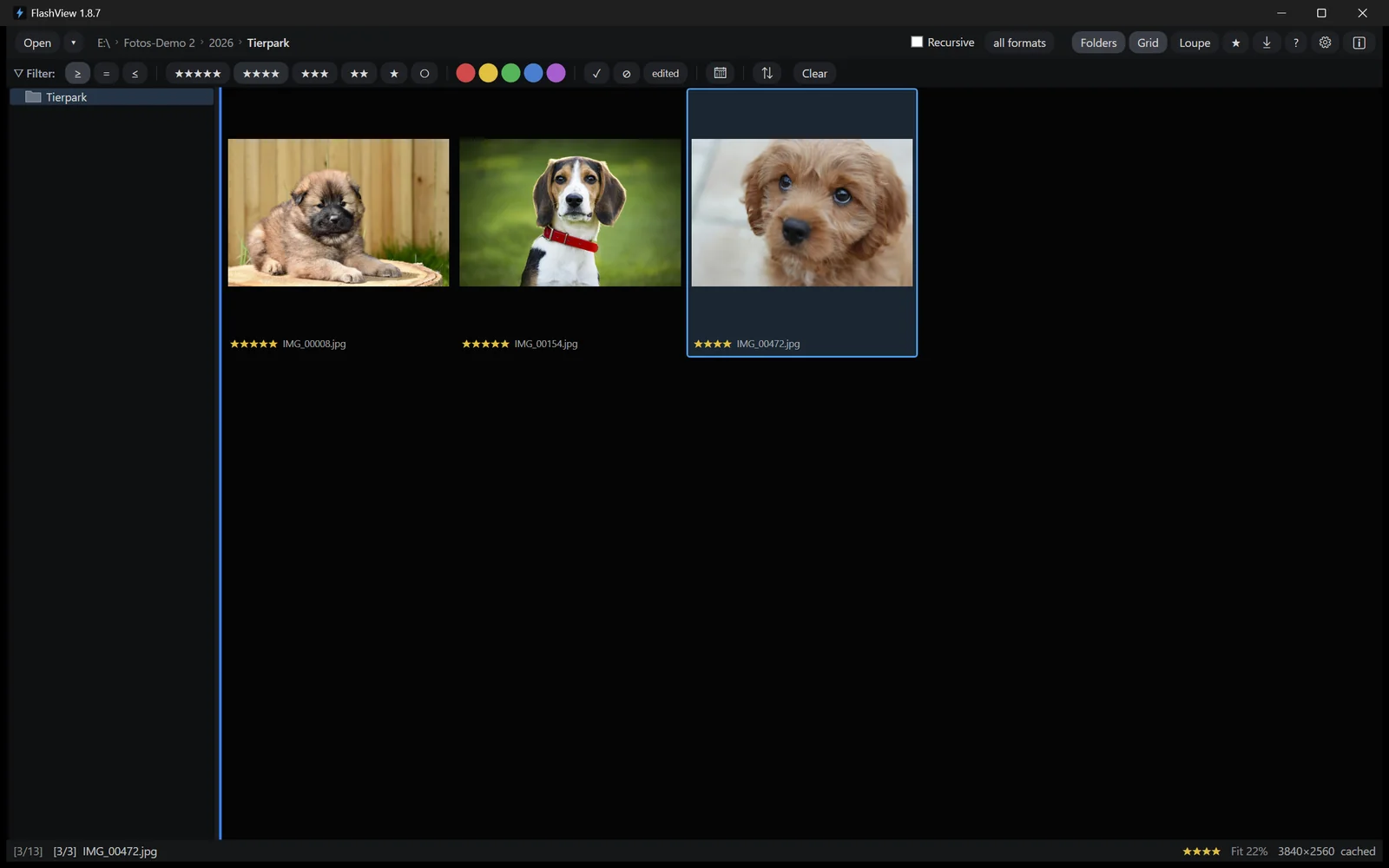Filtered to four stars and up: three of thirteen images remain. The status bar shows both numbers.